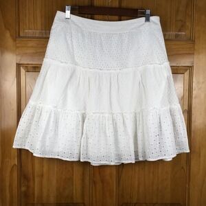 Loft White Eyelet Tiered Cotton Skirt Size 10 Lined Boho Summer Mini Feminine